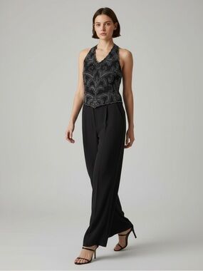 JMD New York Black Beaded Sleeveless Halter Top Dressy Medium